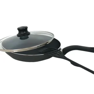 Bratpfanne 28cm Schwarz Antihaftbeschichtet Glasdeckel Pfannenwender Begrenztes Angebot