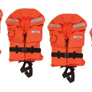 Markenprodukt 4 x Navyline Rettungsweste 100N Orange Kragen Pipe Reflex Schrittgurt div. Gr.