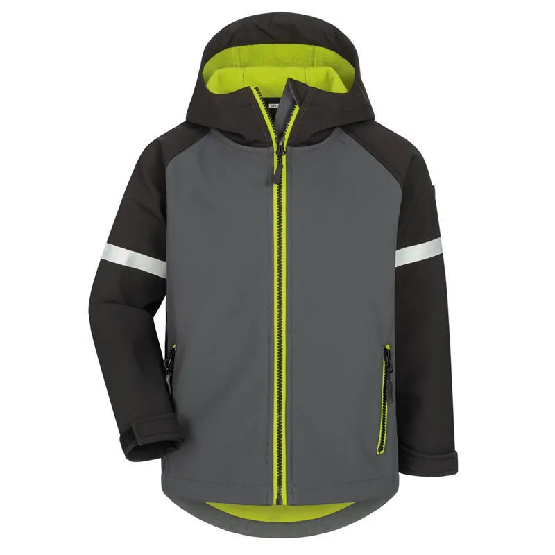 Markenware Kinder-Softshelljacke Wigald, Grau-Schwarz-Neongrün, Gr. 122/128