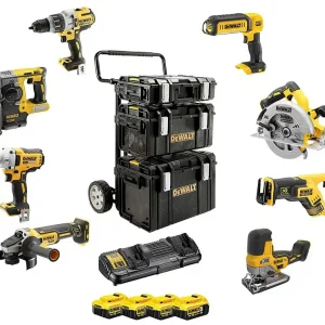 Ausverkauf DeWalt DCK856P4QW 18V Akku-Werkzeug-Set - 8 Maschinen inkl. 4 Akkus 5Ah, Ladegerät und Tough-System