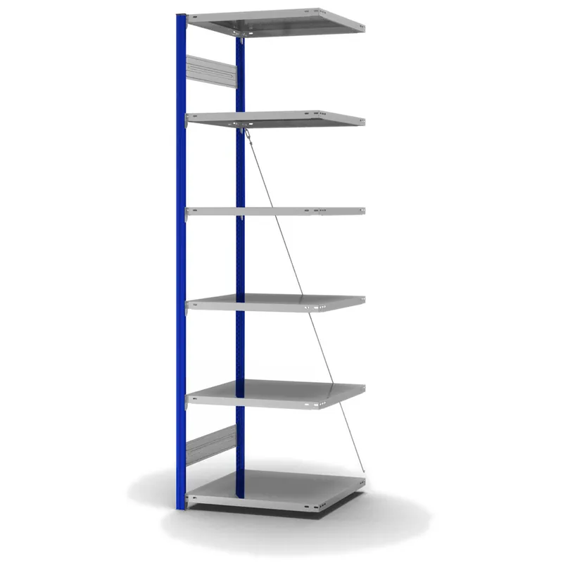 Preisknaller hofe Anbau-Fachbodenregal für Einseitige Nutzung - Stecksystem ORION PLUS - Fachlast 140 kg - H2500 B750 T600 mm - Profile RAL5010 enzianblau - Böden verzinkt