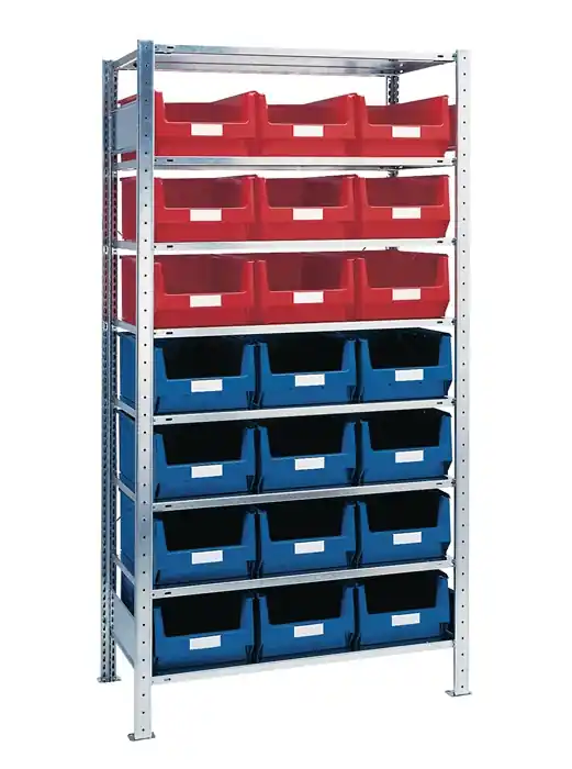 Steckregal H2000xB1000xT500mm Anbauregal 8 Stahlböden 12xMK2 blau,9xMK2 rot TW Top-Seller