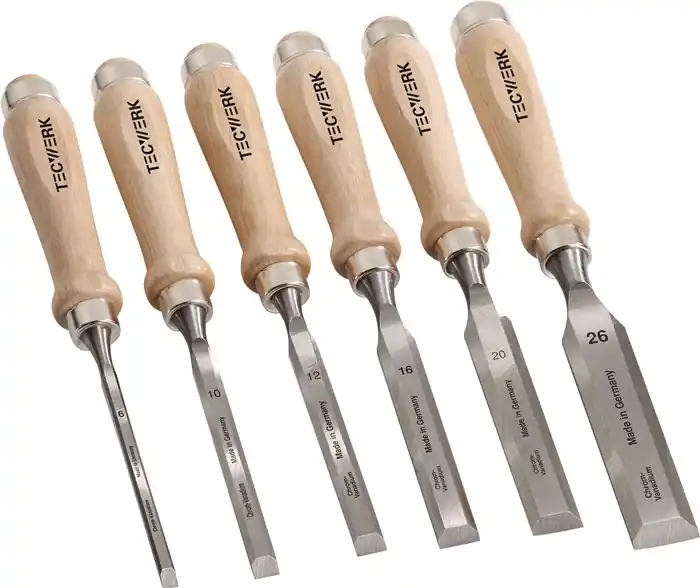 Letzte Chance Stechbeitelsatz 6,10,12,16,20,26mm Weißbuchenh.Ulmer Form 6-tlg.Krt.TECWERK