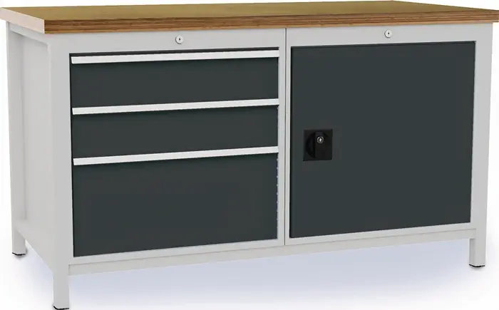 Werkbank grau lichtgrau B1500xH859xT750mm Buche Multiplex 40mm 3 Schubl.1 Tür Finale Aktion