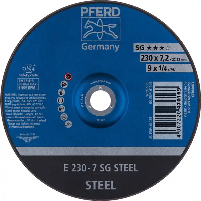 Zertifiziert Schruppscheibe SG STEEL D230xS7,2mm gekr.STA Bohr.22,23mm PFERD VE: 10 Stück