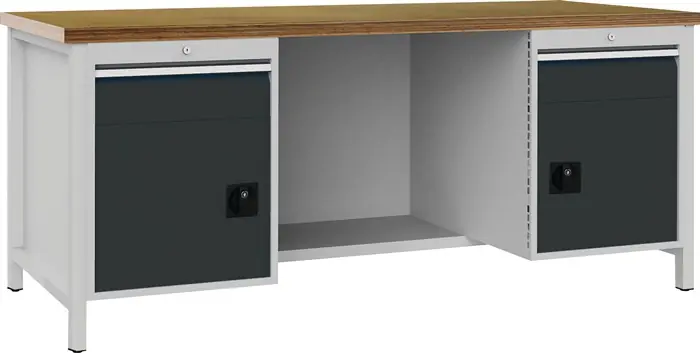Werkbank grau lichtgrau B2000xH859xT750mm Buche Multiplex 40mm 2 Schubl.2 Türen Sichere Zahlung