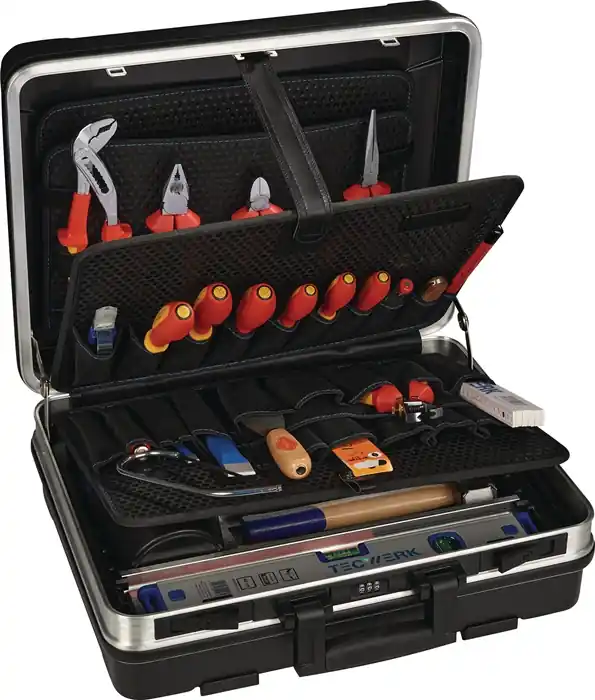 Neue Kollektion Werkzeugsortiment 46-tlg.Schalenkoffer m.Rahmen a.Alu.f.Elektriker