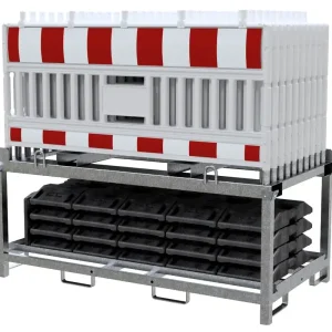 Knallerangebot SET mit 20 Absperrschrankengitter RA1/A und 21 Fußplatten auf Lager- und Transporttraverse