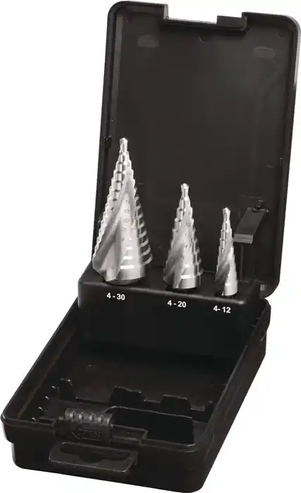 Neue Ware Stufenbohrersatz D.4-12/4-20/4-30mm HSS Spiralnut 3tlg.Ku.-Kass.TECWERK