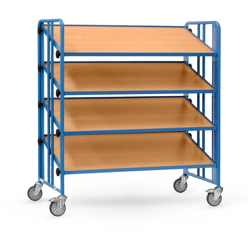 fetra Montagewagen pulverbeschichtet blau RAL 5007 TPE-Bereifung mit 4 neigbaren Böden aus Holz - Nutzfläche 1280 x 658 mm Preis Gesenkt