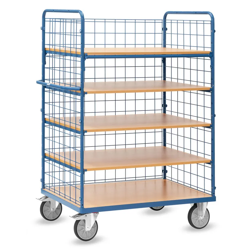 fetra Etagenwagen mit Drahtgitter pulverbeschichtet blau RAL 5007 5 Etagen und 1 Längswand Tragkraft 600 kg Schneller Versand